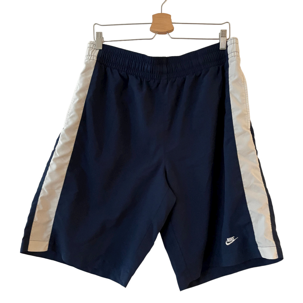 Nike Mens Size L Board Shorts Swim Trunks Blue White Stripe Drawstring‎ Pockets